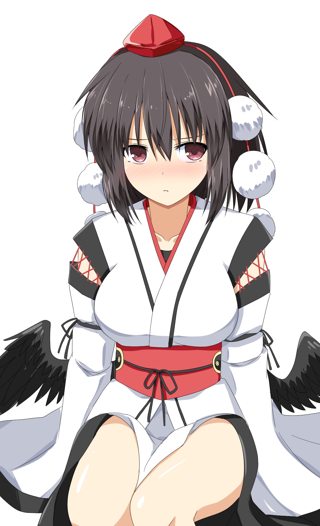 1girl bird_wings black_hair black_wings blush brown_eyes commentary detached_sleeves hat highres japanese_clothes kourindou_tengu_costume long_sleeves looking_at_viewer medium_hair obi official_alternate_costume pom_pom_(clothes) red_hat red_sash rise_(rise19851203) sash shameimaru_aya sitting solo tokin_hat touhou wide_sleeves wings