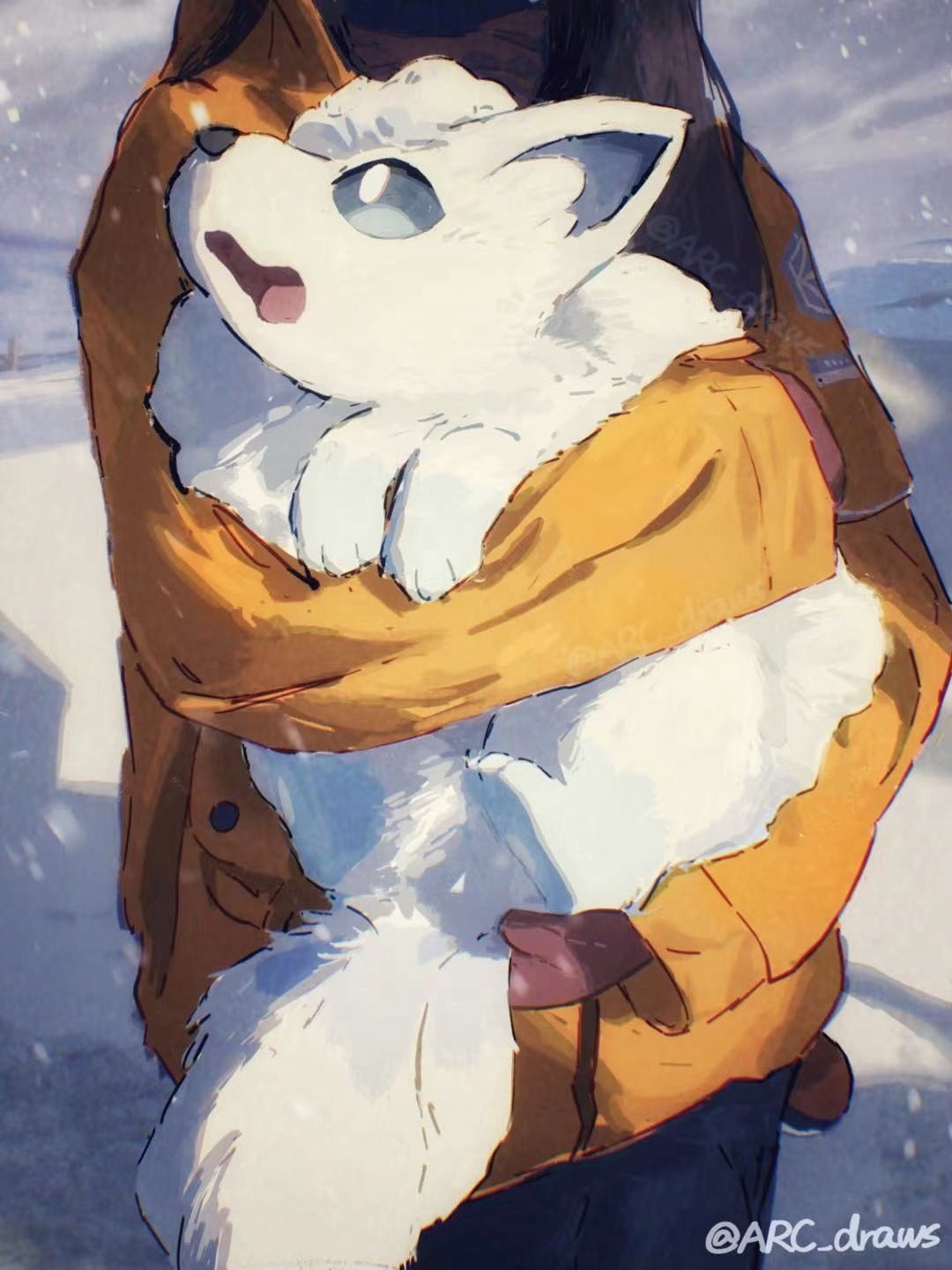 1girl alolan_vulpix arc_draws black_pants brown_mittens day fluffy highres holding holding_pokemon jacket long_hair long_sleeves mittens orange_jacket outdoors pants pokemon pokemon_(creature) snow snowing twitter_username watermark