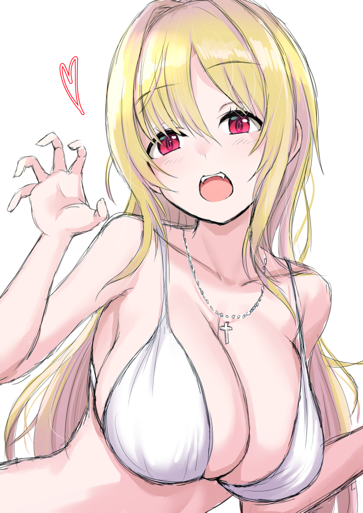 1girl bare_shoulders bikini blonde_hair blush breasts claw_pose cleavage collarbone cross cross_necklace dot_nose fang hair_between_eyes hand_up heart idolmaster idolmaster_cinderella_girls idolmaster_cinderella_girls_starlight_stage jewelry kurosaki_chitose large_breasts long_hair looking_at_viewer necklace open_mouth red_eyes simple_background solo sousakubito swimsuit teeth upper_body upper_teeth_only very_long_hair white_background white_bikini