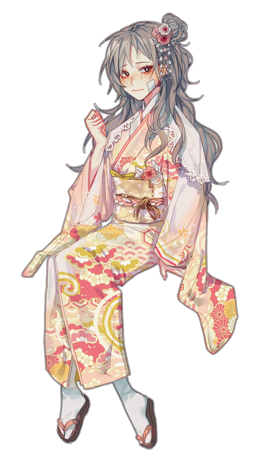 1girl 23_(user_oxt3659) bandages bandaid bandaid_on_face blush brown_eyes closed_mouth floral_print flower full_body grey_hair hair_bun hair_flower hair_ornament highres invisible_chair japanese_clothes kimono long_hair long_sleeves looking_at_viewer obi original sandals sash simple_background sitting smile socks solo tabi tachi-e transparent_background wavy_hair white_background white_socks wide_sleeves