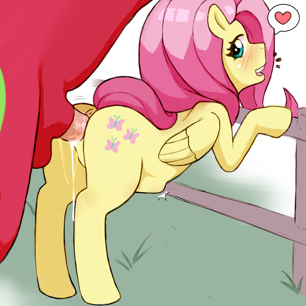 anus big_macintosh_(mlp) blush bodily_fluids bulge butt cum cum_inside cutie_mark equid equine erection female feral fluttershy_(mlp) friendship_is_magic genital_fluids genitals hasbro horse male mammal my_little_pony nude penis pony pussy sex smile vaginal_fluids y0dare