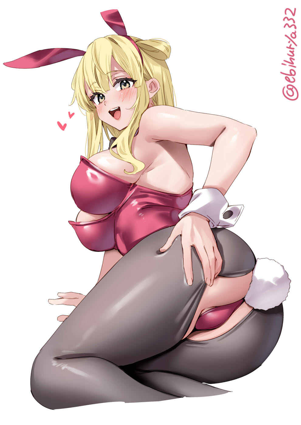 1girl animal_ears armpit_crease ass ass_grab bare_shoulders blonde_hair blush breasts commentary_request crotchless crotchless_pantyhose ebifurya fake_animal_ears fletcher_(kancolle) from_behind hair_between_eyes heart highres kantai_collection large_breasts leotard long_hair looking_at_viewer one-hour_drawing_challenge open_mouth pantyhose playboy_bunny rabbit_ears rabbit_tail red_leotard sidelocks simple_background smile strapless strapless_leotard tail teeth twitter_username upper_teeth_only white_background white_wrist_cuffs wrist_cuffs yellow_eyes