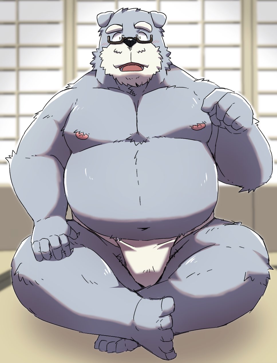 2024 anthro asian_clothing belly canid canine canis clothing domestic_dog east_asian_clothing emufu eyewear fundoshi glasses hi_res humanoid_hands japanese_clothing kemono male mammal moobs navel nipples overweight overweight_male sitting solo underwear white_clothing white_fundoshi white_underwear