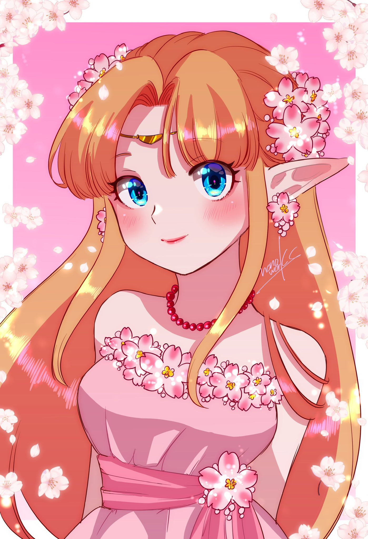 1girl bead_necklace beads blonde_hair blue_eyes blush border breasts cherry_blossoms closed_mouth commentary curtained_hair dress english_commentary eyelashes gradient_background hair_intakes highres jewelry long_hair looking_at_viewer medium_breasts necklace nonoworks outside_border pink_background pink_dress pointy_ears princess_zelda simple_background smile solo strapless strapless_dress the_legend_of_zelda the_legend_of_zelda:_a_link_to_the_past upper_body white_border