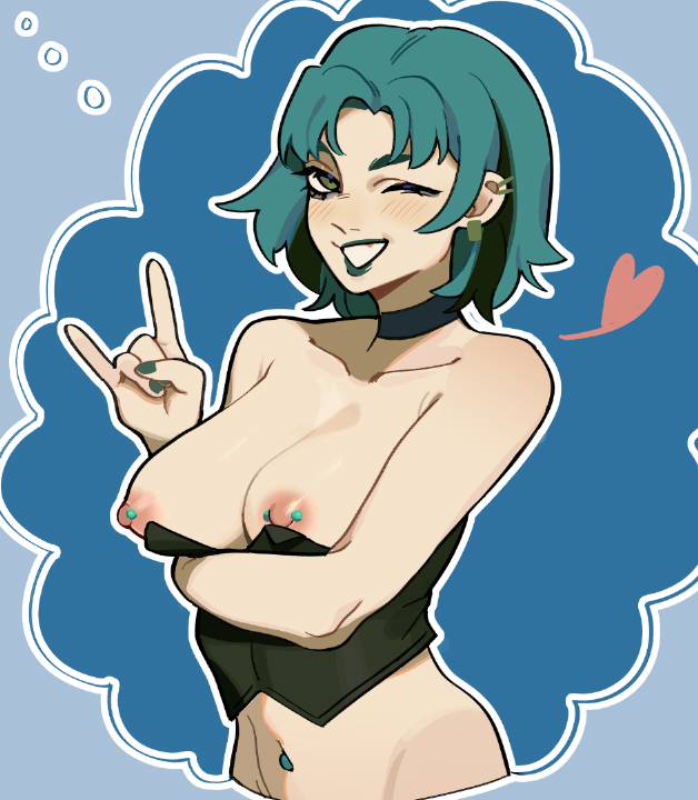 \m/ aqua_hair aqua_lips black_shirt blue_background blue_choker breasts breasts_out choker clothes_pull ear_piercing earrings green_eyes green_hair gwen_(total_drama) heart jewelry large_breasts looking_at_viewer midriff multicolored_hair navel_piercing nipple_bar nipple_piercing nipples no_bra one_eye_closed open_mouth piercing porqueloin shirt shirt_pull simple_background total_drama two-tone_hair upper_body