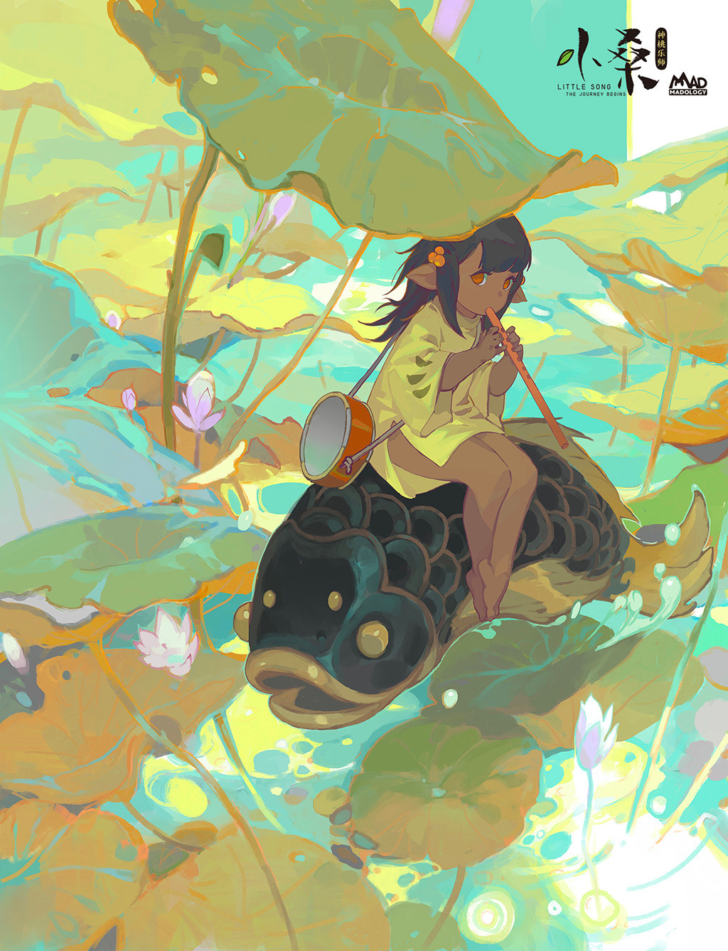 1girl animal bag bare_legs barefoot black_hair dark-skinned_female dark_skin fish flower flute hair_ornament highres holding holding_instrument instrument leaf lily_pad long_hair music orange_eyes original outdoors oversized_animal oversized_clothes oversized_shirt plant playing_instrument pointy_ears purple_flower recorder scales shirt sitting solo water water_lily_flower watermark wenjun_lin