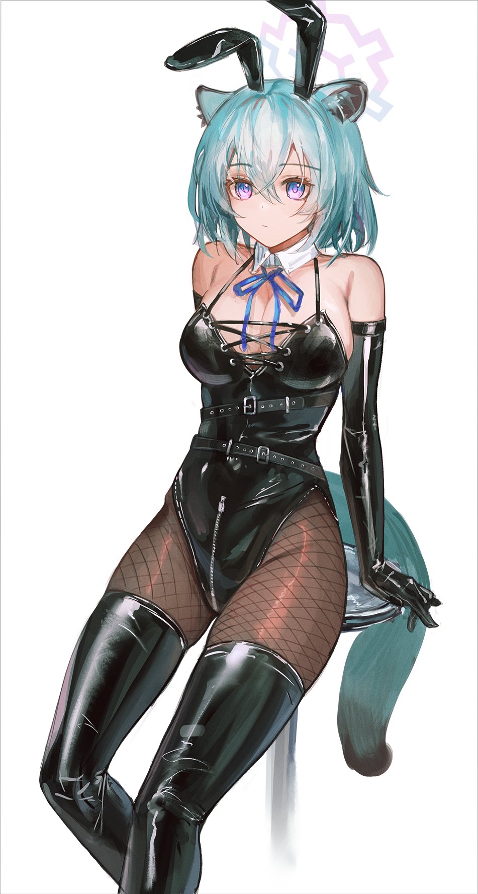 1girl animal_ears bare_shoulders black_gloves black_leotard black_thighhighs blue_archive blush bow breasts cleavage crotch_zipper detached_collar elbow_gloves fake_animal_ears fishnet_pantyhose fishnets flippy_(cripine111) gloves green_hair halo highres large_breasts latex latex_gloves latex_legwear leotard looking_at_viewer pantyhose playboy_bunny purple_eyes rabbit_ears shigure_(blue_archive) shiny_clothes short_hair smile tail thighhighs weasel_ears weasel_tail zipper