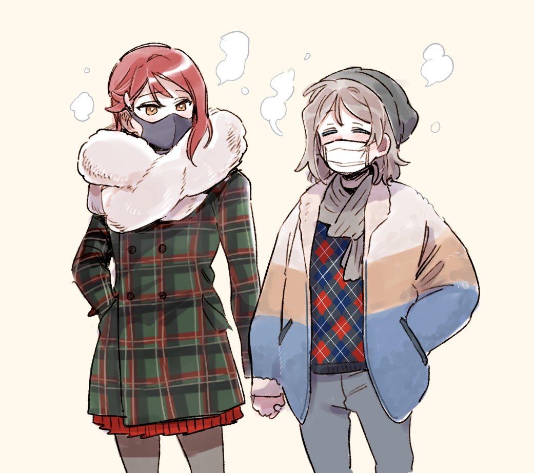2girls argyle_clothes argyle_sweater beanie black_hat blue_jacket blush breath brown_eyes brown_jacket buttons coat commentary_request cowboy_shot double-breasted green_jacket grey_hair grey_pants hand_in_pocket hat holding_hands jacket korean_commentary long_hair long_sleeves love_live! love_live!_sunshine!! mask medium_hair mouth_mask multicolored_clothes multicolored_jacket multiple_girls open_clothes open_jacket pants pito_(sh02327) plaid plaid_coat red_hair red_skirt sakurauchi_riko scarf simple_background skirt surgical_mask sweater watanabe_you white_jacket white_scarf winter_clothes yellow_background