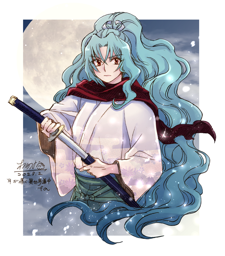 1girl blue_hair cape cloud cloudy_sky cropped_legs dated flat_chest full_moon green_hakama hair_between_eyes hakama japanese_clothes kimono kotoraya long_hair looking_at_viewer moon ponytail red_cape red_eyes scabbard sheath sheathing signature sky snowing solo sword tomoe_(tsuki_ga_michibiku_isekai_douchuu) tsuki_ga_michibiku_isekai_douchuu very_long_hair weapon white_kimono wide_sleeves