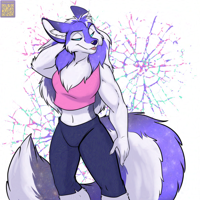 abstract_background anthro black_nose blep breasts canid canine canis clothed clothing female foxenawolf fur hair mammal midriff muscular muscular_female navel neck_tuft orange_hair shirt solo starry_hair starry_tail tail tank_top tongue tongue_out topwear tuft white_body white_fur wolf