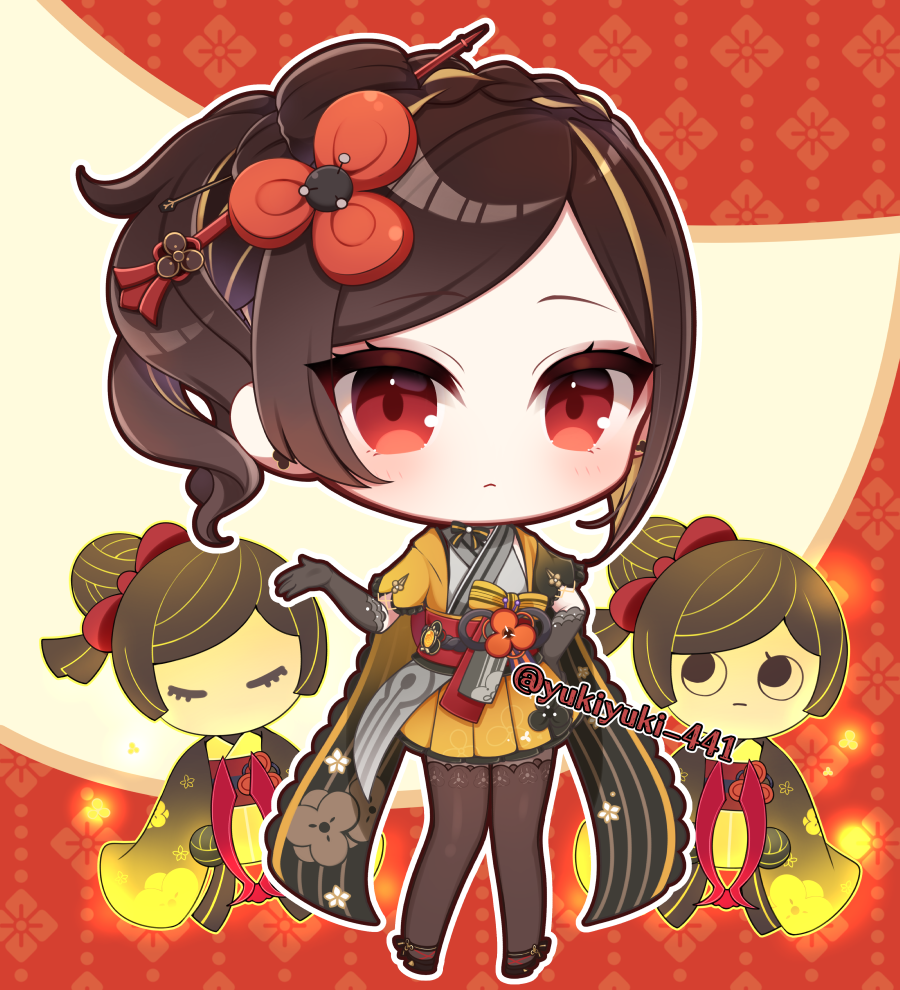 1girl black_footwear black_gloves black_hair black_thighhighs braid brown_hair brown_skirt chibi chiori_(genshin_impact) closed_eyes closed_mouth commentary_request doll elbow_gloves full_body genshin_impact gloves grey_kimono hair_bun hand_up japanese_clothes kimono looking_at_viewer multicolored_hair obi pleated_skirt red_eyes sash shoes short_sleeves skirt standing streaked_hair tamoto_(genshin_impact) thighhighs twitter_username yukiyuki_441