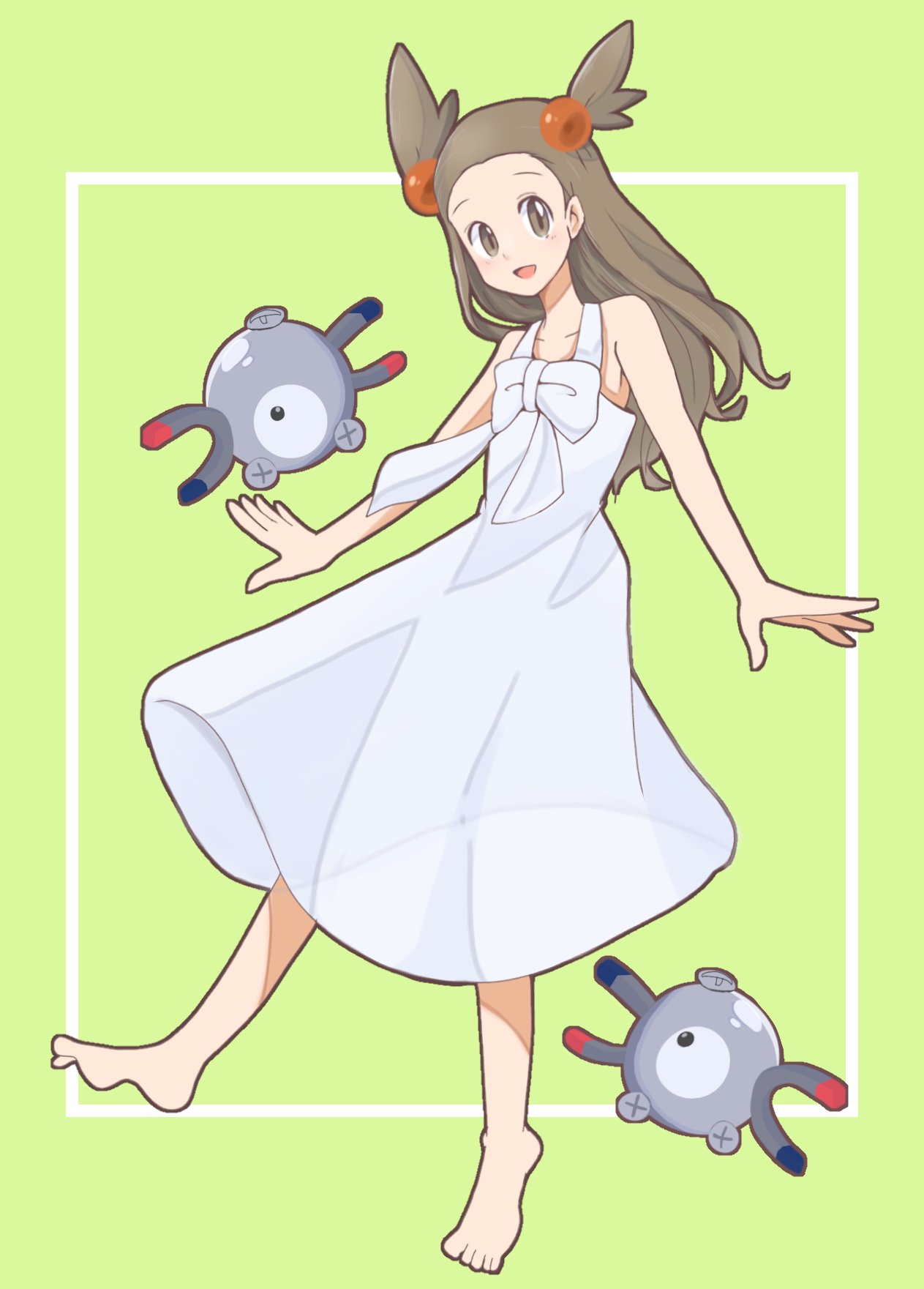 1girl bare_arms barefoot brown_eyes dress full_body green_background hair_bobbles hair_ornament hanecco_(arumican_orange) highres jasmine_(pokemon) light_brown_hair magnemite magnet one-eyed pokemon pokemon_gsc sundress white_dress