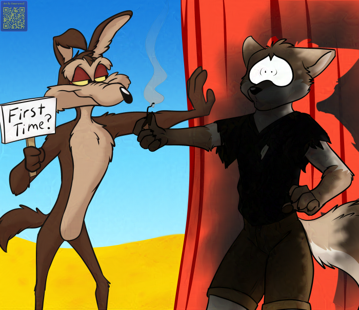 anthro brown_body brown_fur canid canine canis clothed clothing coyote duo foxenawolf fur gloves_(marking) gohan_(sonofgoku) half-closed_eyes looney_tunes male mammal markings narrowed_eyes nude outside sign tail tan_body tan_fur torn_clothing warner_brothers wile_e._coyote yellow_eyes