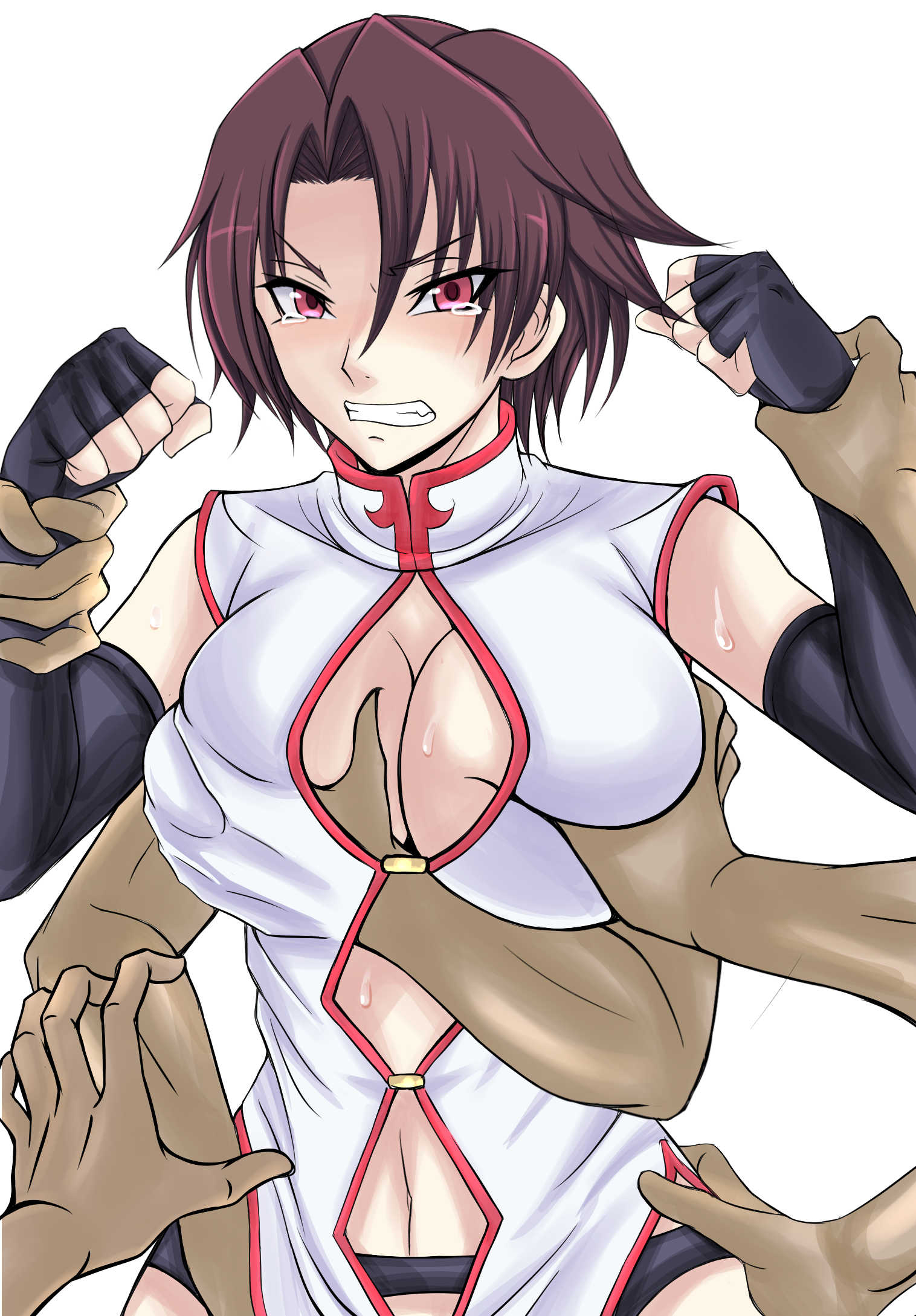 1girl angry bareisyotaro breasts cleavage cleavage_cutout clenched_hands clenched_teeth clothing_cutout grabbing grabbing_another's_breast groping hand_on_another's_hip highres koutetsu_no_majo_annerose large_breasts lee_mayfeng lilith-soft midriff navel red_eyes restrained tearing_up teeth torso_grab