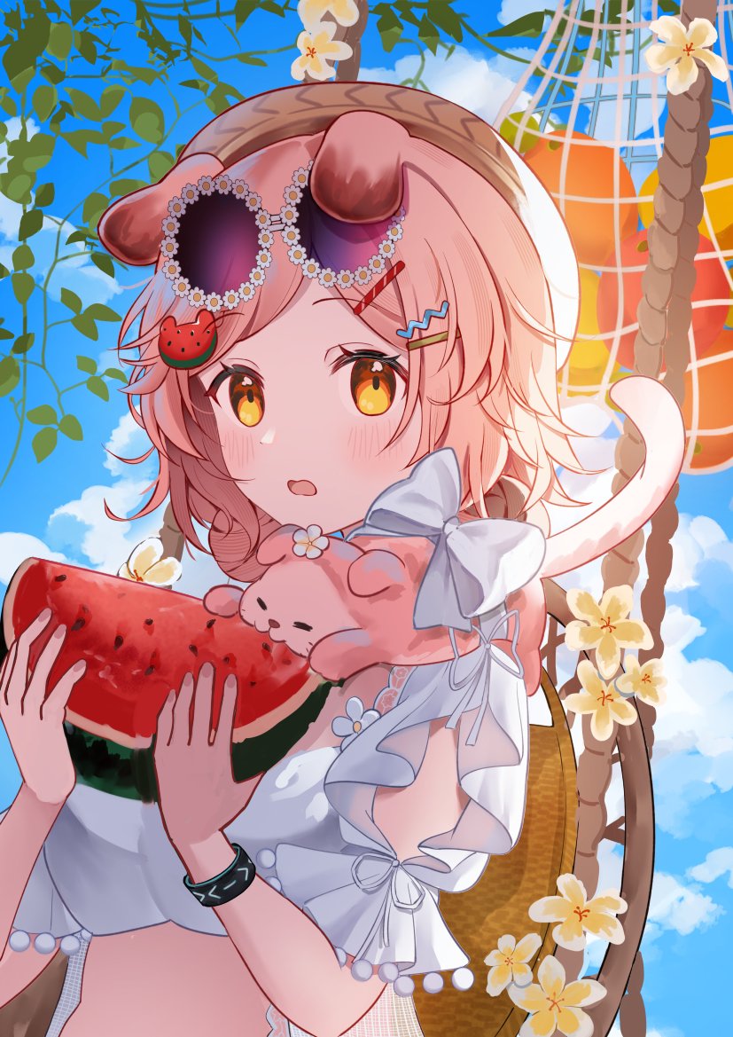 1girl :o animal_ears animal_on_shoulder arknights backlighting bag blue_sky blush cat cat_ears cat_girl clothing_cutout commentary eyewear_on_head food food-themed_hair_ornament frilled_shirt frills fruit goldenglow_(arknights) goldenglow_(summer_flowers)_(arknights) hair_ornament hairclip hammock infection_monitor_(arknights) looking_at_viewer mango open_mouth outdoors pink_cat pink_hair purple-tinted_eyewear shan_(ti0n) shirt short_hair shoulder_cutout sky solo tinted_eyewear watermelon watermelon_hair_ornament white_shirt yellow_eyes