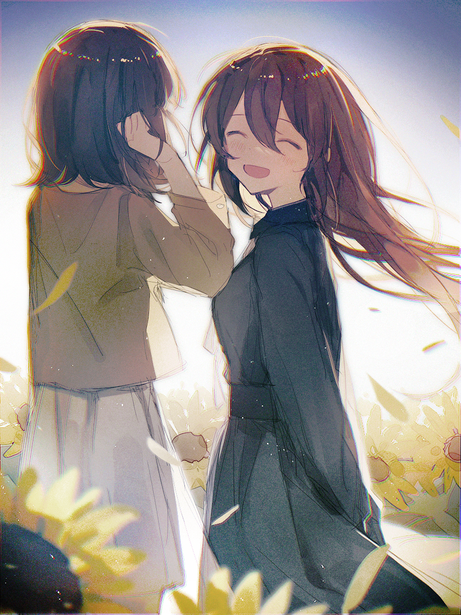 2girls :d arms_behind_back black_dress black_hair blurry blurry_foreground blush breasts brown_hair brown_shirt chinese_commentary chromatic_aberration closed_eyes commentary_request depth_of_field dress facing_another facing_viewer field flower flower_field hair_between_eyes hand_up highres inuko_(ink0425) light_particles long_hair long_sleeves medium_hair multiple_girls open_mouth original outdoors shirt short_hair skirt small_breasts smile standing sunflower white_skirt yellow_flower yuri