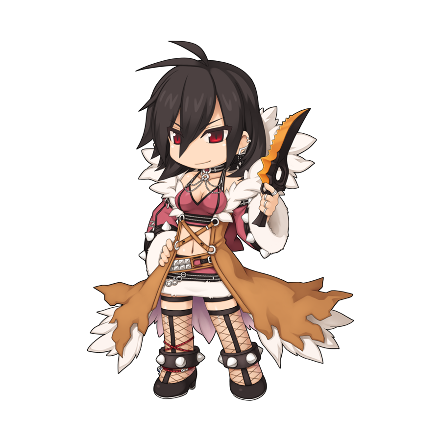 1girl antenna_hair black_hair breasts brown_coat chibi cleavage closed_mouth coat dagger detached_sleeves fishnet_thighhighs fishnets full_body fur-trimmed_skirt fur-trimmed_sleeves fur_collar fur_trim hair_between_eyes hand_on_own_hip hand_up holding holding_dagger holding_knife holding_weapon jewelry knife long_bangs looking_at_viewer medium_breasts medium_hair miniskirt multiple_rings official_alternate_costume official_art ragnarok_online red_eyes red_skirt red_sleeves red_sports_bra ring shadow_chaser_(ragnarok_online) simple_background skirt smile solo spiked_anklet sports_bra standing tachi-e thighhighs transparent_background weapon yuichirou