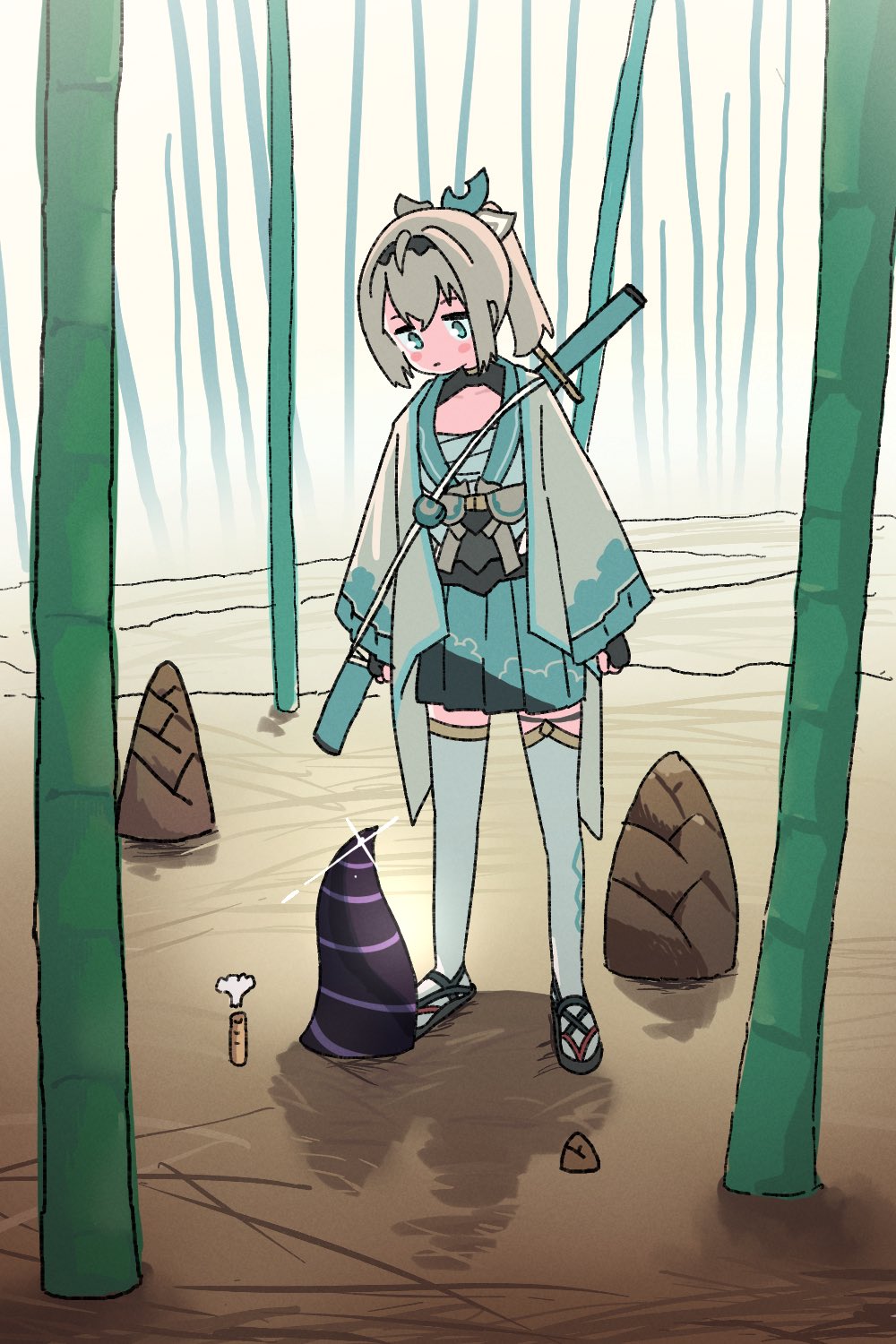 2girls bamboo bamboo_forest bamboo_shoot bamboo_snorkel blonde_hair blush chest_sarashi closed_mouth commentary_request day disguise fingerless_gloves forest full_body glint gloves green_eyes green_skirt haori hiding highres hololive horns japanese_clothes katana kazama_iroha kazama_iroha_(1st_costume) la+_darknesss long_sleeves looking_at_another looking_down medium_hair multiple_girls nature outdoors partially_buried pleated_skirt ponytail puff_of_air sandals sarashi shimotsu. skirt standing sword sword_on_back thighhighs virtual_youtuber weapon weapon_on_back white_thighhighs
