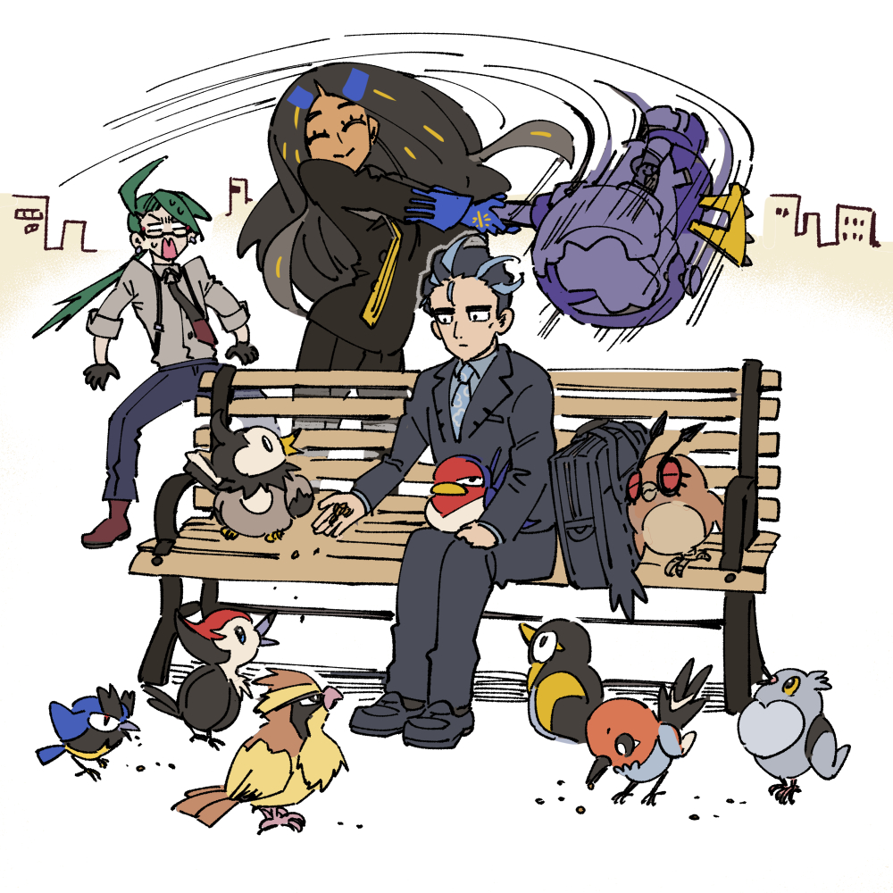 1boy 2girls ^_^ beak bird bird_tail black_bag black_hair black_pants black_suit blue_pants boots brown_footwear closed_eyes closed_mouth commentary_request eyelashes feathers feeding fletchling geeta_(pokemon) glasses green_hair grey_shirt hammer holding holding_hammer hoothoot korokoro_daigorou larry_(pokemon) long_hair multiple_girls necktie on_bench outdoors owl pants pidgey pidove pikipek pokemon pokemon_(creature) pokemon_sv rika_(pokemon) rookidee shirt simple_background sitting smile speed_lines starly suit surprised tail taillow wattrel white_background wings yellow_necktie