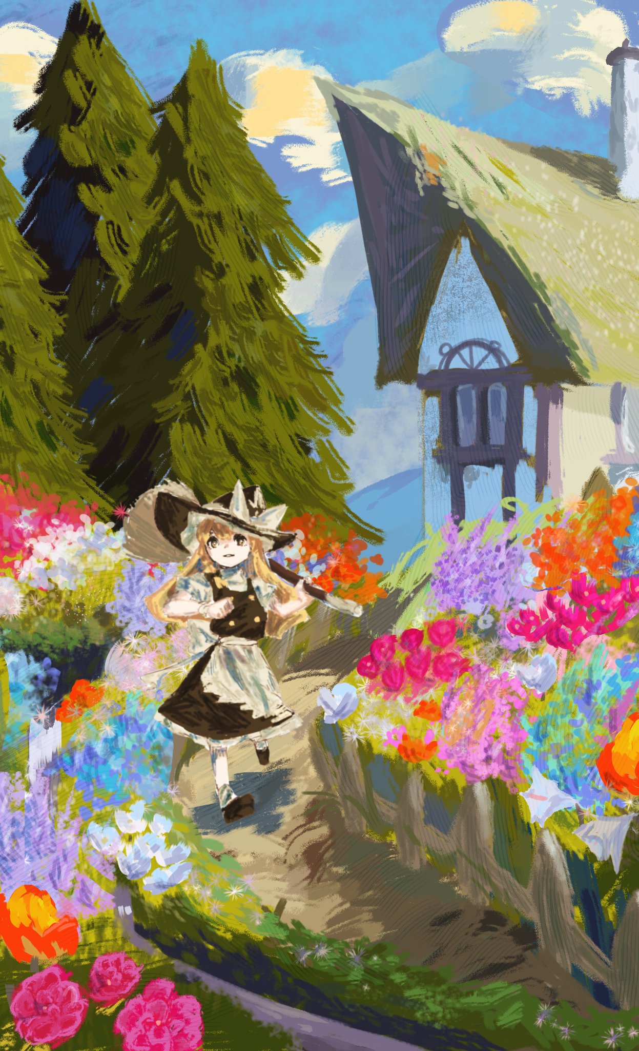 1girl aojirozame1228 apron black_footwear black_hat black_skirt black_vest blonde_hair blue_sky bow braid chimney cloud day fence flower frills full_body garden grass hair_bow hat hat_bow highres house kirisame_marisa long_hair looking_at_viewer mary_janes outdoors painterly parted_lips pine_tree pink_flower puffy_short_sleeves puffy_sleeves shirt shoes short_sleeves single_braid skirt sky smile socks solo standing touhou tree vest waist_apron walking white_apron white_bow white_shirt white_socks witch_hat yellow_eyes