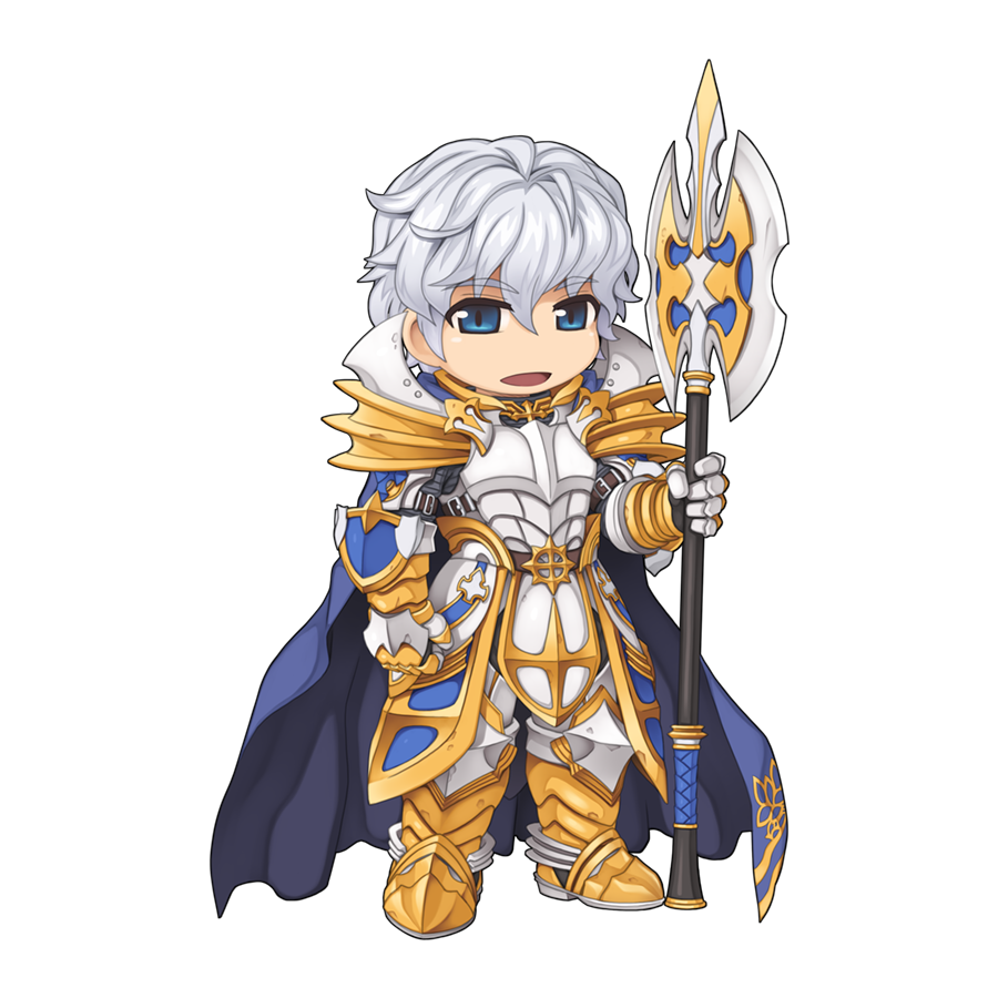 1boy armor armored_boots blue_cape blue_eyes boots breastplate cape chibi cross_of_prontera faulds full_body gauntlets grey_hair hair_between_eyes holding holding_polearm holding_weapon male_focus medium_bangs official_alternate_costume official_art open_mouth pauldrons polearm ragnarok_online royal_guard_(ragnarok_online) short_hair shoulder_armor simple_background smile solo spear standing tachi-e transparent_background weapon yuichirou
