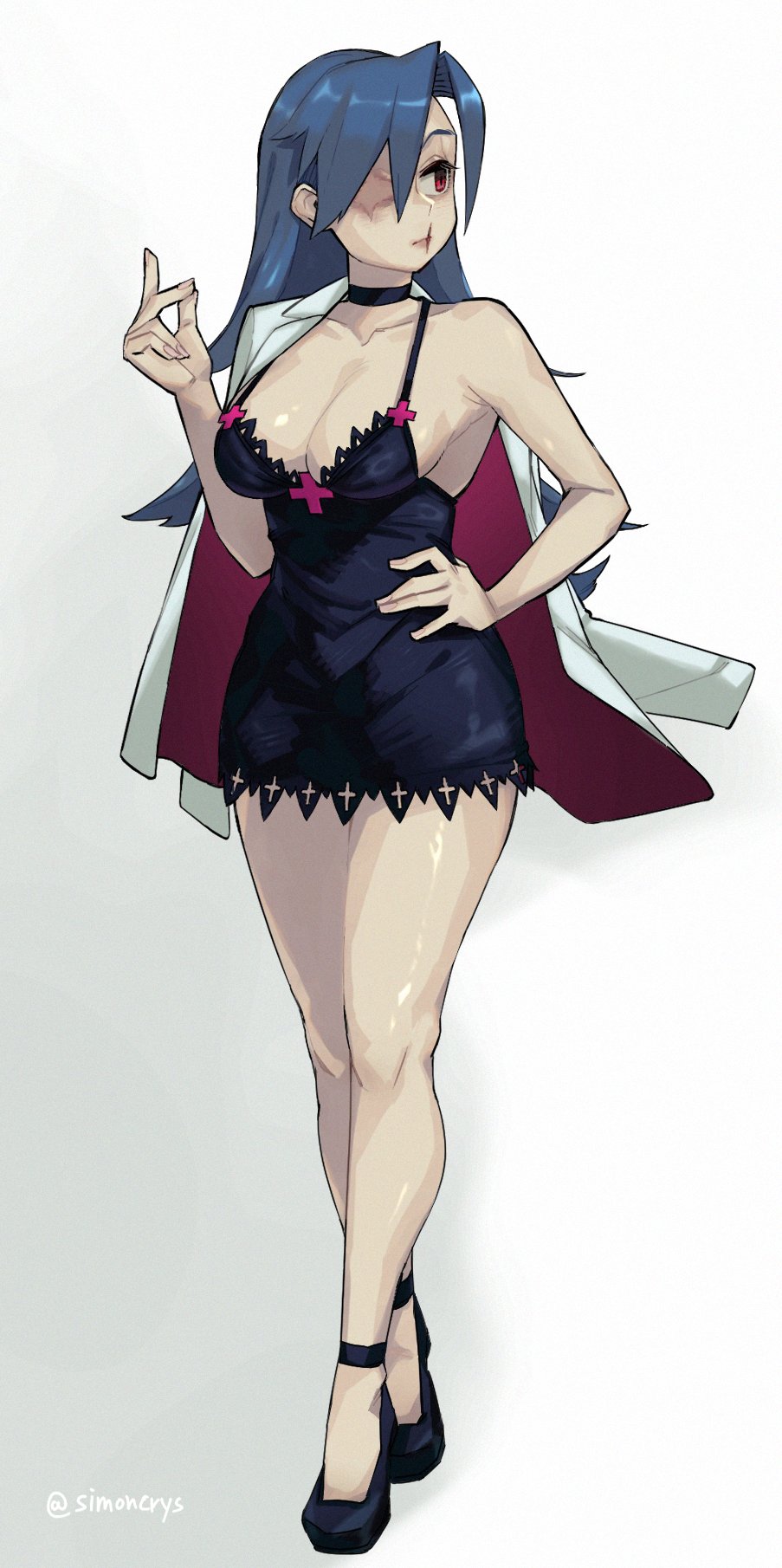 1girl black_dress blue_hair breasts cleavage closed_mouth dress highres red_eyes scar scar_on_face scar_on_mouth simoncrys simple_background skullgirls solo twitter_username valentine_(skullgirls)