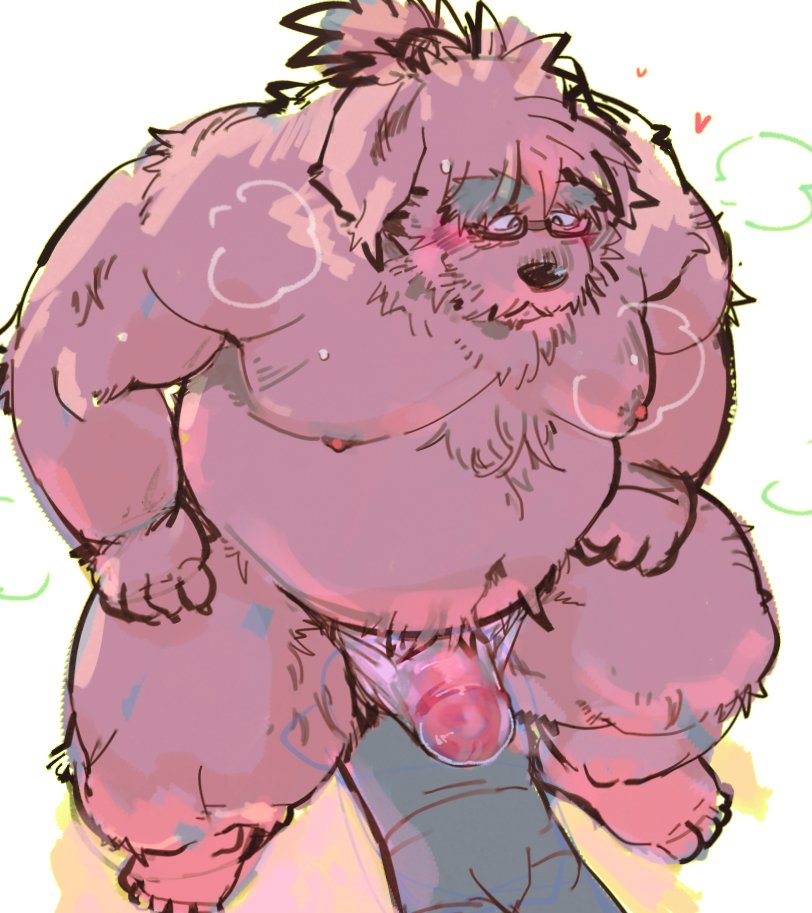 2024 anthro belly big_belly black_nose blush bodily_fluids canid canine canis chisa_sa clothing domestic_dog duo facesitting genitals heart_symbol kemono male male/male mammal mature_male moobs nipples overweight overweight_male penis sitting_on_another solo_focus sweat underwear
