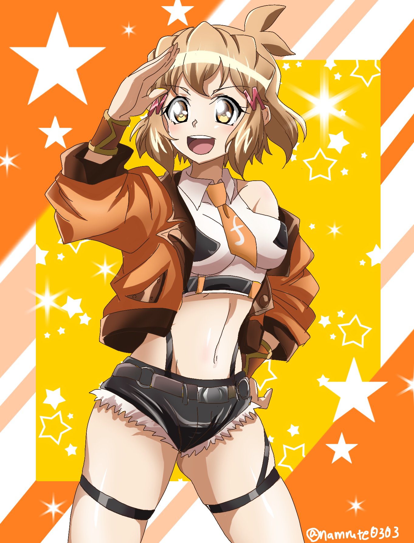 1girl belt blonde_hair breasts brown_eyes collar crop_top denim denim_shorts feet_out_of_frame garter_belt hand_on_own_hip highres jacket looking_ahead namrute0303 necktie open_mouth orange_jacket orange_necktie salute senki_zesshou_symphogear short_hair shorts signature small_breasts smile solo starry_background stomach suspender_shorts suspenders tachibana_hibiki_(symphogear) teeth thigh_strap upper_teeth_only white_collar wristband