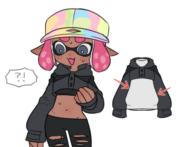 !? 1girl baseball_cap black_background black_hoodie black_pants blush commentary_request cropped_hoodie dark-skinned_female dark_skin dot_nose embarrassed hat hood hoodie ikki_(gsl_9708) inkling inkling_girl inkling_player_character korean_commentary medium_hair navel open_mouth pants pointy_ears solo splatoon_(series) splatoon_3 sweat tentacle_hair thick_eyebrows torn_clothes torn_pants upper_body white_background