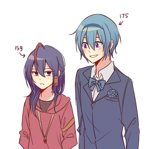 1boy 1girl biyo black_eyes blue_bow blue_bowtie blue_eyes blue_flower blue_hair blue_hairband blue_suit bow bowtie collared_shirt dark_blue_hair flower genderswap genderswap_(ftm) genderswap_(mtf) hairband height height_difference hood hood_down hoodie jewelry looking_at_another multicolored_hair necklace red_hair red_hoodie shirt short_hair simple_background single_hair_tube smile streaked_hair suit tall_male white_background white_shirt wilardo_adler witch's_heart