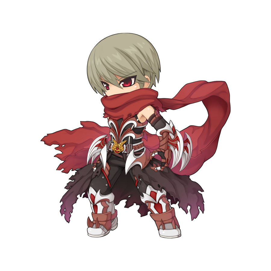 1boy arm_blade armor armored_boots black_cape black_gloves black_pants black_shirt boots cape chibi elbow_gloves fighting_stance full_body gauntlets gloves grey_hair guillotine_cross_(ragnarok_online) hair_between_eyes long_bangs looking_afar male_focus official_alternate_costume official_art pants ragnarok_online red_armor red_eyes red_scarf scarf scarf_over_mouth shirt short_hair simple_background sleeveless sleeveless_shirt solo standing tachi-e torn_cape torn_clothes torn_scarf transparent_background waist_cape weapon yuichirou
