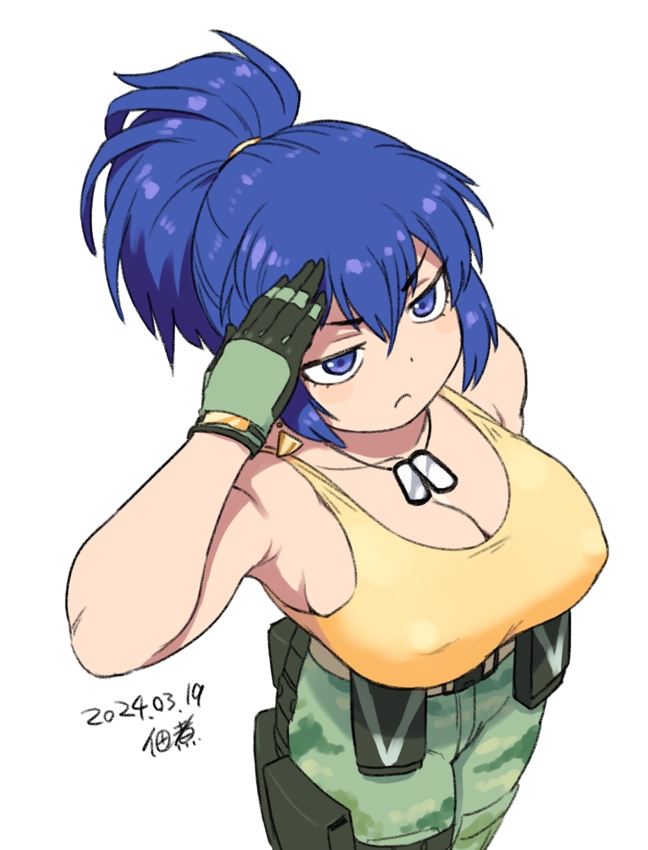 1girl arm_pouch bare_shoulders blue_eyes blue_hair breasts camouflage camouflage_pants cargo_pants commentary_request dated dog_tags earrings gloves jewelry large_breasts leona_heidern pants ponytail signature simple_background sleeveless soldier solo tank_top the_king_of_fighters the_king_of_fighters_xv triangle_earrings tsukudani_(coke-buta) white_background yellow_tank_top