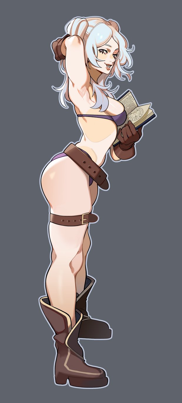 1girl arm_up armpits ass belt black_eyes book boots bra breasts brown_belt brown_footwear brown_gloves fire_emblem fire_emblem_awakening from_side full_body gloves grey_background highres holding holding_book looking_at_viewer medium_breasts open_book open_mouth panties porqueloin purple_bra purple_panties robin_(female)_(fire_emblem) robin_(fire_emblem) simple_background solo thigh_belt thigh_strap twintails underwear white_hair
