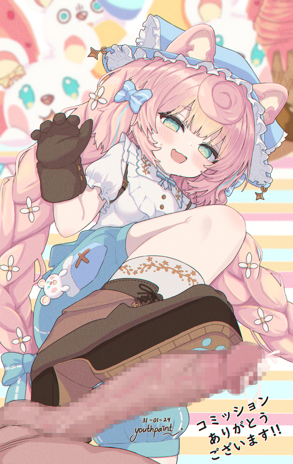 1boy 1girl animal_ears artist_name blue_bow blue_eyes blue_ribbon blue_shorts blush boots bow braid breasts brown_footwear brown_gloves censored commentary commission cum cum_on_penis dated dot_nose food footjob gloves hair_bow high_heels highres ice_cream indie_virtual_youtuber korone_pochi long_hair looking_at_viewer mosaic_censoring mouse_ears open_mouth penis pixiv_commission ribbon shorts sidelocks small_breasts socks solo_focus star-shaped_pupils star_(symbol) symbol-shaped_pupils testicles translated twin_braids very_long_hair virtual_youtuber white_socks youthpaint