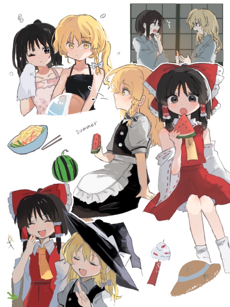 apron ascot blonde_hair bow braid closed_eyes detached_sleeves eating food frilled_bow frilled_hair_tubes frills fruit hair_bow hair_tubes hakurei_reimu hat hat_bow kirisame_marisa multiple_girls open_mouth ramochi red_bow red_skirt ribbon-trimmed_sleeves ribbon_trim side_braid single_braid skirt skirt_set touhou waist_apron watermelon white_bow witch_hat yellow_ascot yellow_eyes