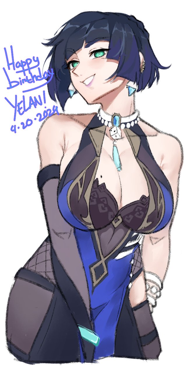 1girl bare_shoulders blue_dress bracelet breasts choker cleavage dated dice dress genshin_impact happy_birthday highres jewelry large_breasts mole mole_on_breast short_hair sketch smile smugigante upper_body yelan_(genshin_impact)