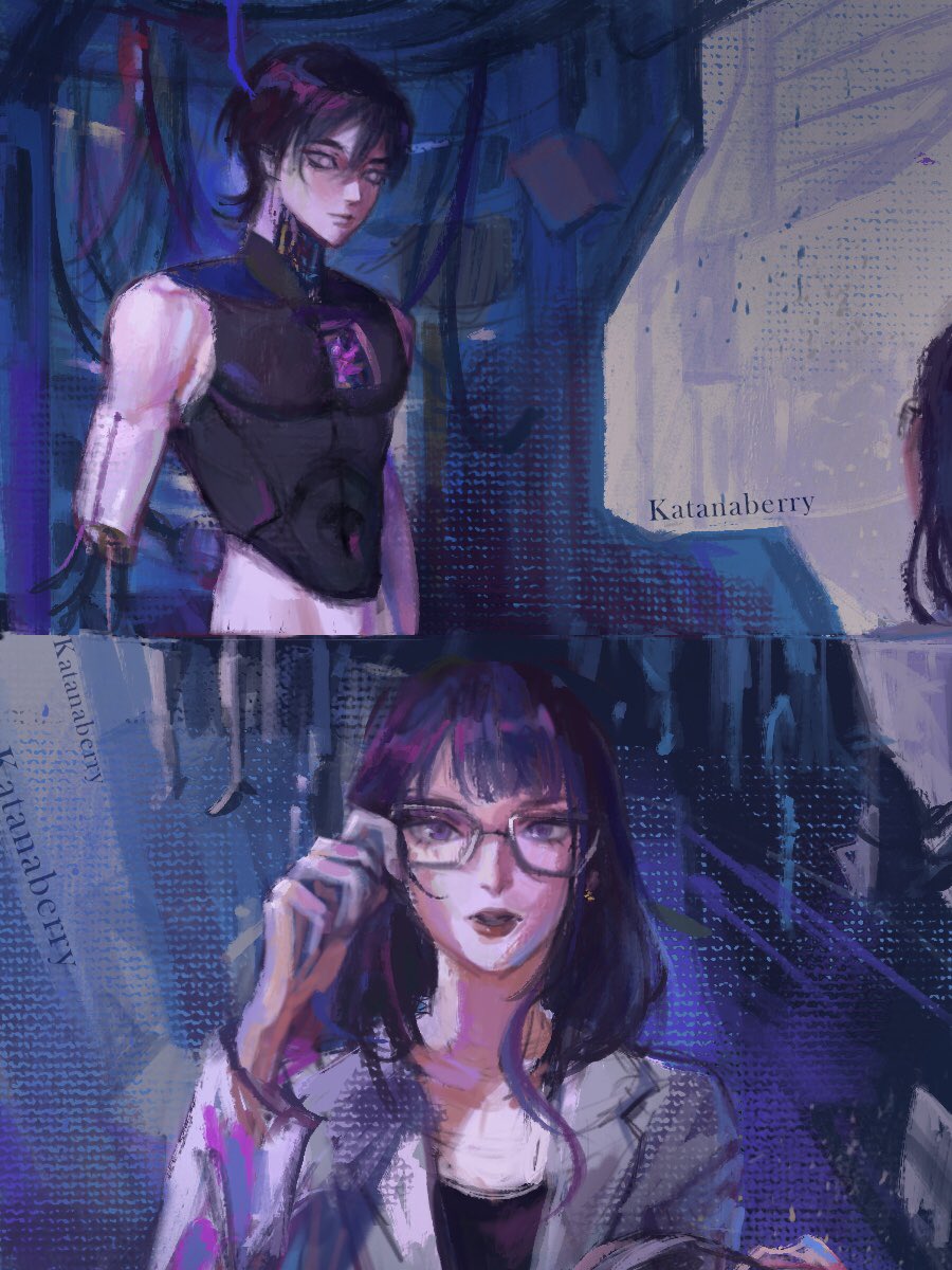 1boy 1girl adjusting_eyewear artist_name blunt_bangs closed_mouth crop_top dark_background genshin_impact glasses hair_between_eyes hand_up highres joints katanaberry lab_coat long_hair looking_at_viewer looking_up mechanical_arms mother_and_son pov purple_eyes purple_hair raiden_shogun red_lips robot_joints scaramouche_(genshin_impact) short_hair single_mechanical_arm sleeveless standing wire