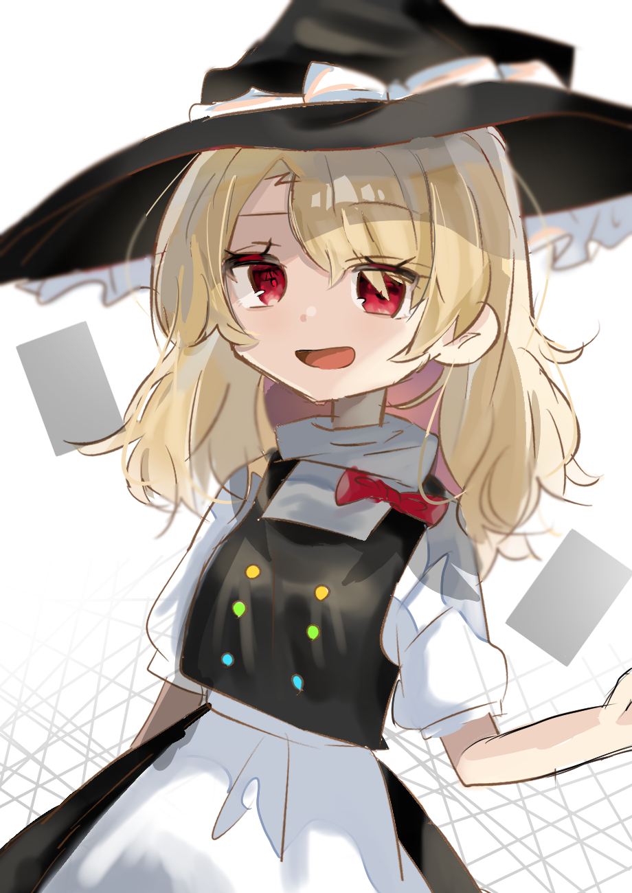 100th_black_market 1girl apron blonde_hair borrowed_character bow braid card doodles hair_bow hat hat_bow highres kirisame_marisa long_hair ramochi red_eyes single_braid touhou upper_body waist_apron white_background white_bow witch_hat