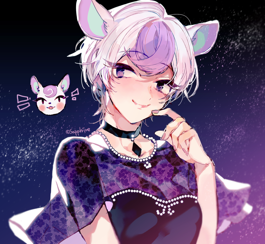 1girl animal_crossing animal_ears black_choker black_shirt choker closed_mouth deer_ears deer_girl diana_(animal_crossing) hand_up lace_sleeves multicolored_hair night night_sky personification pink_nails purple_eyes sapphire_(nine) see-through see-through_sleeves shirt short_hair sky smile solo space star_(sky) streaked_hair upper_body white_hair