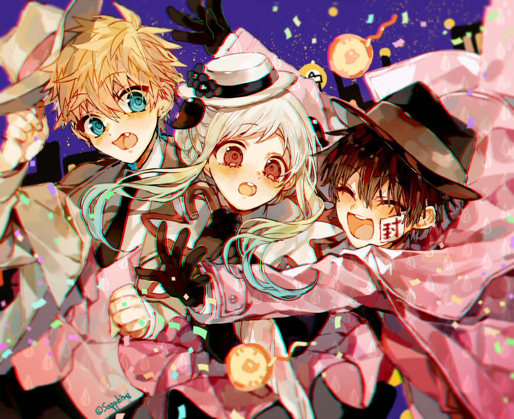 1girl 2boys black_flower black_gloves black_hair black_necktie blue_eyes blush braid closed_eyes coat collared_shirt fang flower gloves hanako_(jibaku_shounen_hanako-kun) hand_up hat hat_flower jibaku_shounen_hanako-kun magatama_hair_ornament minamoto_kou multiple_boys necktie open_mouth sapphire_(nine) shirt sidelocks smile white_coat white_hair white_hat white_shirt yashiro_nene