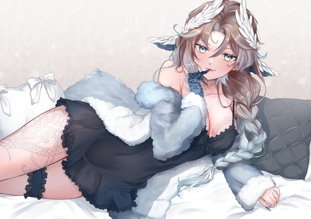 1girl babydoll bed_sheet black_babydoll blue_eyes blue_hair breast_tattoo brown_hair character_request coat commission copyright_request finger_to_mouth fur-trimmed_coat fur_trim gloves head_wings hina-a-meko leg_tattoo looking_at_viewer lying mature_female multicolored_hair on_bed on_side pillow single_glove skeb_commission tattoo wing_ears wings