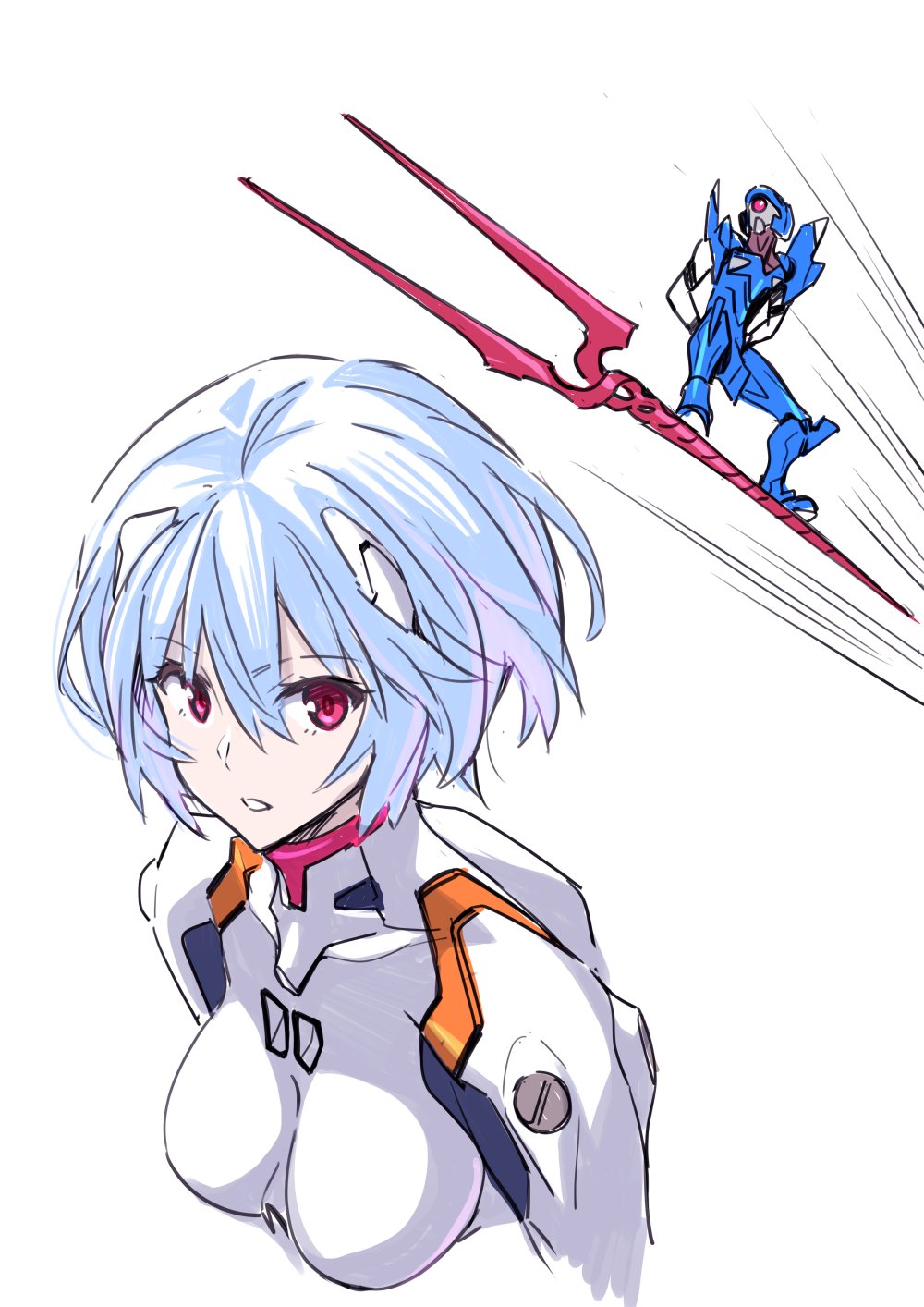 1girl ayanami_rei blue_hair bodysuit breasts dragon_ball dragon_ball_(classic) eva_00 evangelion_(mecha) flying hair_between_eyes highres lance_of_longinus_(evangelion) looking_at_viewer mecha neon_genesis_evangelion one-eyed parody pilot_suit plugsuit red_eyes robot science_fiction short_hair simple_background sky_surfing suzutsuki_kurara weapon white_background white_bodysuit