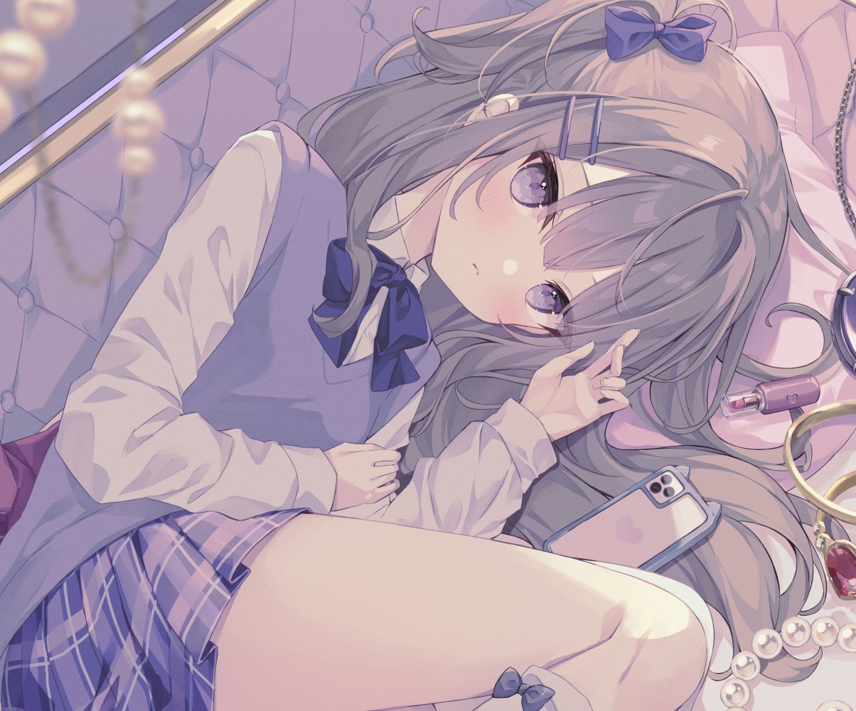 1girl blue_bow blue_skirt bow brown_hair cellphone closed_mouth collared_shirt commentary dress_shirt feet_out_of_frame grey_bow hair_between_eyes hair_bow hair_ornament hairclip hands_up hoshi_(snacherubi) kneehighs long_sleeves looking_at_viewer lying on_side one_side_up original phone phone_with_ears plaid plaid_skirt pleated_skirt purple_eyes school_uniform shirt skirt sleeves_past_wrists socks solo sweater_vest white_shirt white_socks