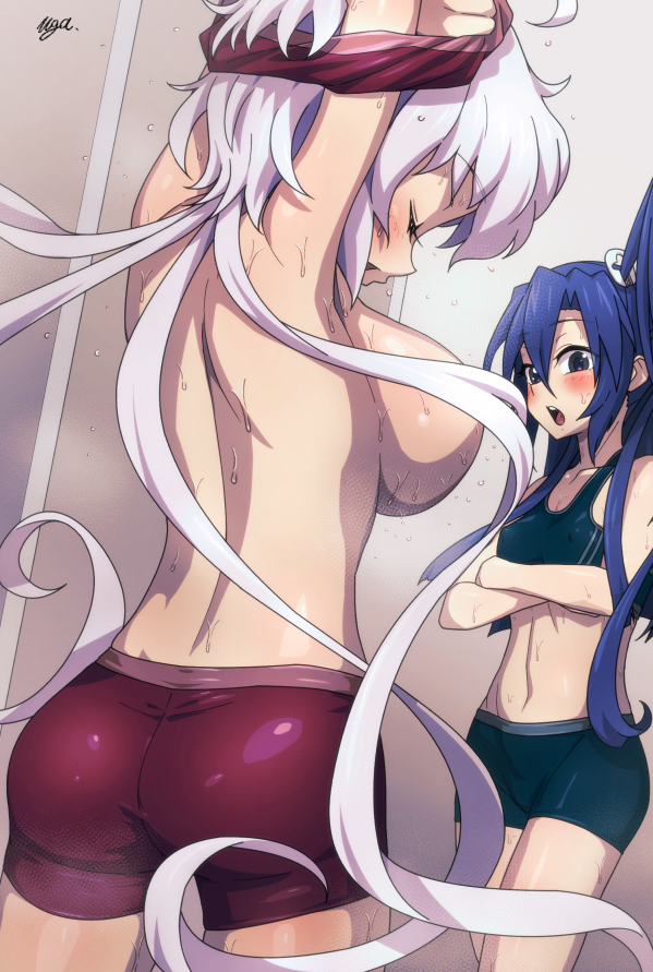 2girls arms_under_breasts ass black_bra black_shorts blue_hair blush bra breast_envy breasts closed_eyes commission eyebrows_hidden_by_hair feet_out_of_frame from_behind groin hair_between_eyes hair_censor hair_over_breasts huge_breasts kazanari_tsubasa locker locker_room long_hair looking_at_another medium_breasts multiple_girls open_mouth red_bra red_shorts senki_zesshou_symphogear shorts side_ponytail sideboob signature skeb_commission skin_tight sports_bra stomach sweat teeth topless uganda_(ugandam_00) underwear undressing upper_teeth_only very_long_hair white_hair yukine_chris