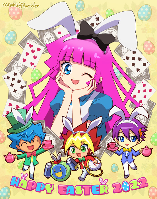 1girl 2022 3boys alice_(alice_in_wonderland) alice_(alice_in_wonderland)_(cosplay) blue_eyes blue_hair card cosplay green_eyes happy_easter kamijou_tatsuhisa kirishima_romin multicolored_hair multiple_boys nanano_thunder ohdo_yuga pink_hair purple_hair smile sougetsu_gakuto two-tone_hair white_rabbit_(alice_in_wonderland) white_rabbit_(alice_in_wonderland)_(cosplay) yu-gi-oh! yu-gi-oh!_sevens