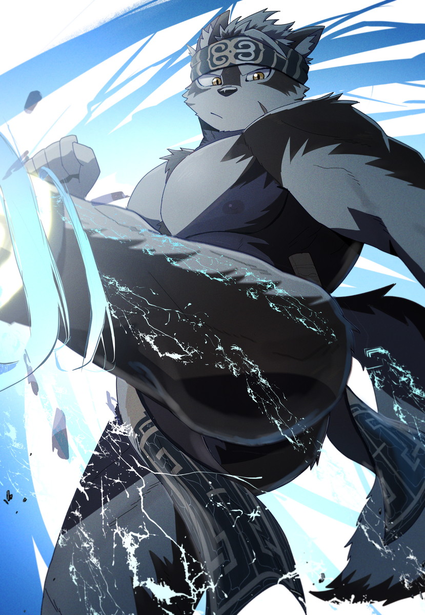 1boy abs aerokinesis ainu_clothes animal_ears attack_trail bara bulge chest_hair debris feet_out_of_frame furry furry_male grey_fur grey_hair headband highres horkeu_kamui kicking large_pectorals looking_at_viewer male_focus muscular muscular_male nipples pectorals pelvic_curtain serious short_hair solo suna_sand1 thick_thighs thighs tokyo_afterschool_summoners two-tone_fur vambraces white_fur wind wolf_boy wolf_ears yellow_eyes