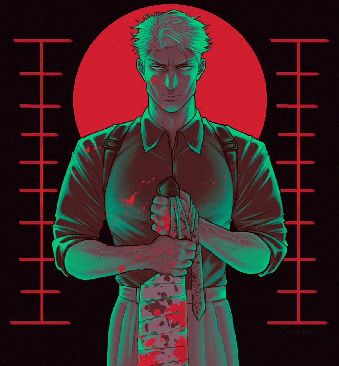 1boy bandaged_hand bandages blonde_hair blood blood_on_clothes blood_on_face blood_sword closed_mouth collared_shirt cowboy_shot facing_viewer g00miato highres jujutsu_kaisen long_sleeves looking_at_viewer male_focus nanami_kento red_eyes serious shirt solo v-shaped_eyebrows veins