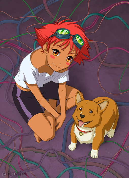 1girl bike_shorts blush brown_fur cable cowboy_bebop dark-skinned_female dark_skin dog edward_wong_hau_pepelu_tivrusky_iv ein_(cowboy_bebop) goggles goggles_on_head indian_style looking_at_viewer orange_hair paintpixel sitting tomboy two-tone_fur white_fur wire