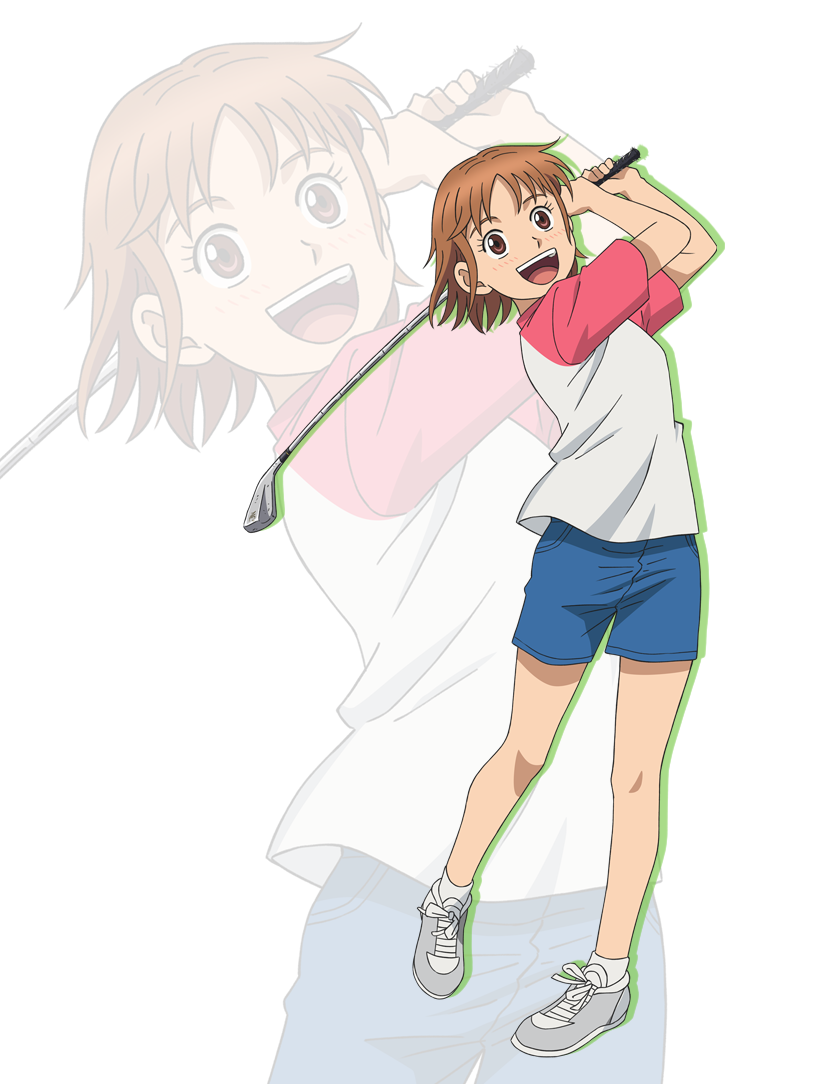 1girl :d blue_shorts brown_eyes brown_hair golf_club holding holding_golf_club multiple_views official_art ooi!_tonbo ooi_tonbo pink_sleeves playing_games playing_golf playing_sports shirt short_hair short_sleeves shorts smile socks solo transparent_background turning_head white_footwear white_shirt white_socks zoom_layer
