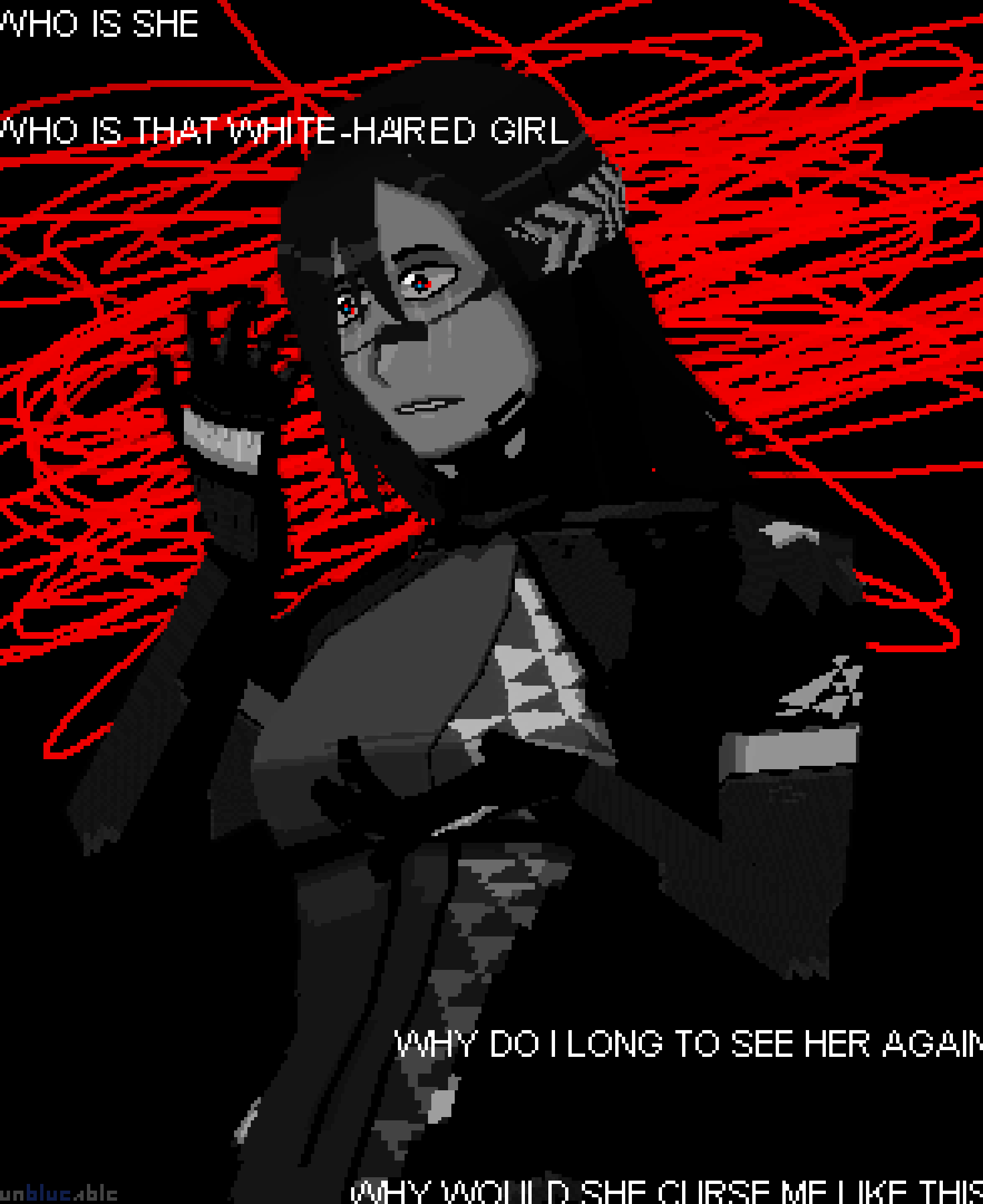 1girl android biting_own_lip black_hair blue_eyes crying crying_with_eyes_open cyberpunk english_text falke_(signalis) highres horrified horror_(theme) laurel_crown long_hair mechanical_arms partially_colored pixel_art red_eyes red_theme science_fiction sierpinski_triangle signalis tears unblueable upper_body